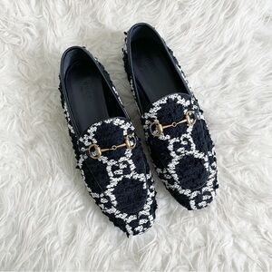 Gucci Jordaan GG Tweed Loafer Horsebit Size 38.5
Black White